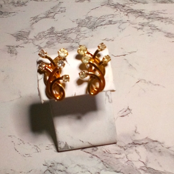 Vtg EMMONS Signed Rhinestone Clip Earrings Gold - Picture 7 of 13